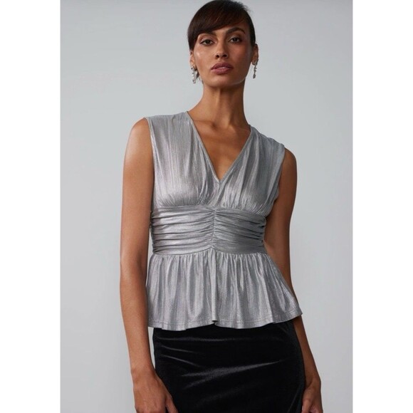 New York & Co Women's 2XL Silver Metallic Accent Sleeveless Pleated Top - Picture 6 of 14